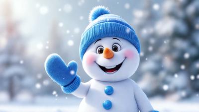 The primary subject of the image is a snowman, which is the main object, scene, or focus of the image. The snowman is standing in the snow, and it appears to be smiling. The setting/background of the image is a snowy environment, with the snowman being the main subject. The visual style of the image is a digital art or illustration, as it is a well-crafted and detailed representation of the snowman. The colors and mood of the image are predominantly white and cold,